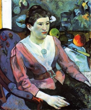 Portrait d\'une femme contre la vie encore le Cézanne avec pommes