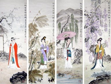 Mooie Dames, Set van 4 - Chinees schilderij