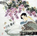 Красивая дама, цветы - китайской живописи