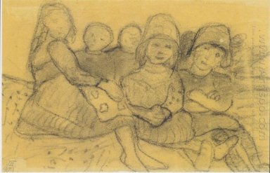 Cinco crianças na borda do prado