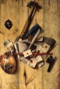 Trompe l'oeil with violin, painter's implements and self-portrai