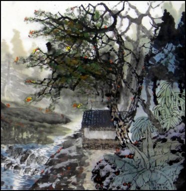Gebäude, Bäume, Fluss-chinesische Malerei