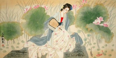 Donna in possesso di un fan - Shanzi - Pittura cinese