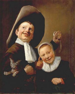Um menino e uma menina com um gato e uma enguia