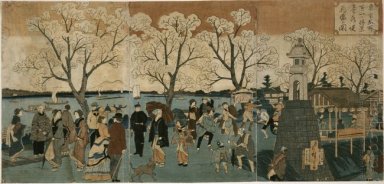 Japanese Triptych Print Showing Japanese And Foreign People Walk