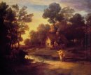 Wooded Landscape With Cattle By A Pool And A Cottage At Evening