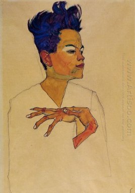 självporträtt med händerna på bröstet 1910