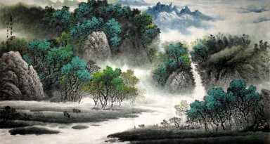 Bergen, water, bomen - Chinees schilderij