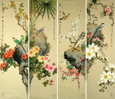 Vogels&Bloemen - (vier schermen) - Chinese Schilderkunst