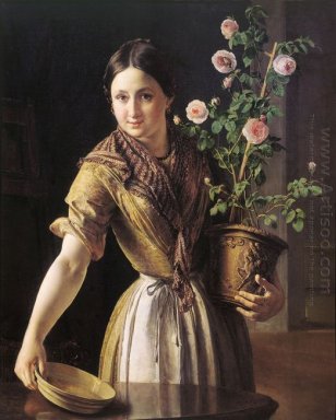 En flicka med en pott av Roses 1850