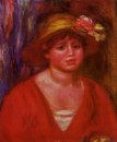 Busto de una mujer joven en una blusa roja 1915
