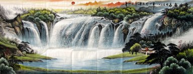 Bergen en waterval - Chinees schilderij