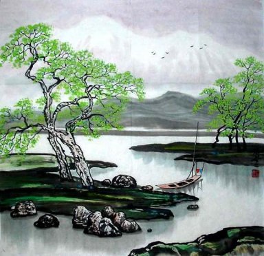 River och träd - kinesisk målning