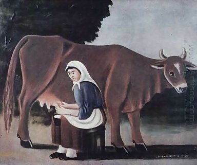 Mujer ordeña una vaca 1916