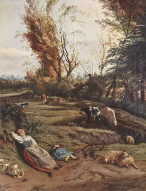 Betesmark med två sovande herdinnor