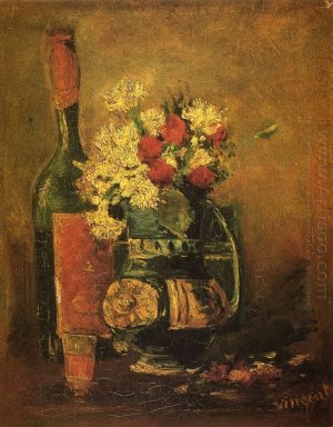 Vase med nejlikor och flaska 1886