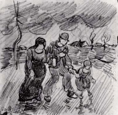 Par Walking Arm i arm med ett barn i The Rain 1890