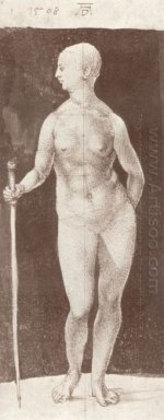 In piedi nudo femminile con il bastone nella destra