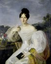 Una señora con un vestido blanco y un chal ante un paisaje Viené