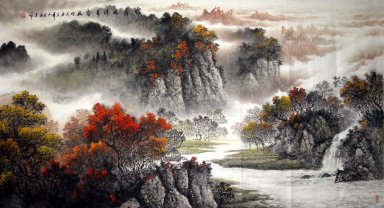 Pegunungan, Air, Pohon - Lukisan Cina
