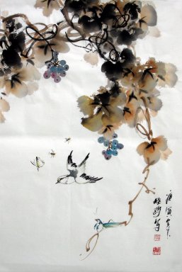 Pájaros y Uvas - Pintura china