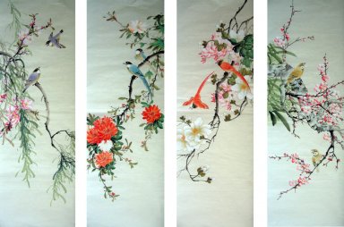 Birds & Flowers (quatro telas) - Pintura Chinesa