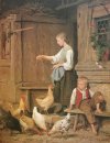 Jeune fille nourrissant les Poules