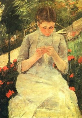 Mujer joven de costura en el jardín, c.1880-82