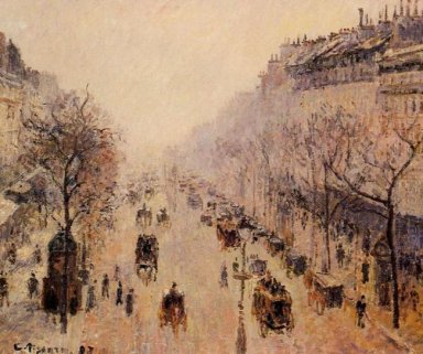 Boulevard Montmartre morgon solljus och dimma 1897