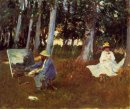 Claude Monet Malerei von der Kante eines Holz 1885