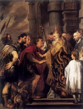 Keizer theodosius verboden door st ambrosius in milaan cathed