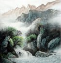 Cascata, Montanhas, Village - Pintura Chinesa