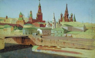 Pandangan Dari Jembatan Moskvoretsky Kremlin Dan Ca Pokrovsky