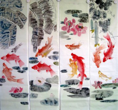 Fish (quatro telas) - pintura chinesa