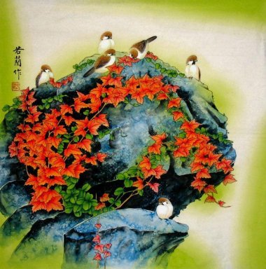 Vogels&Rode Bladeren - Chinees schilderij