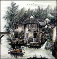 Gebouw, bomen, Rivier - Chinees schilderij