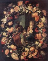 Adorazione dei Magi in una corona di fiori