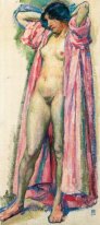 Kvinna i röd Peignoir 1910