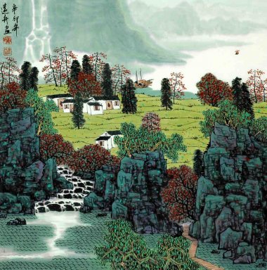 Een dorpje in de Bergen - Chinees schilderij