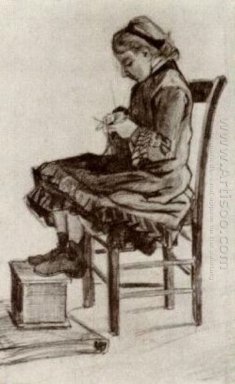 Flickan sitter Knitting 1882