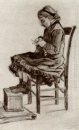 Mädchen sitzen Stricken 1882