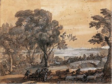 Escena de la costa con una batalla en un puente