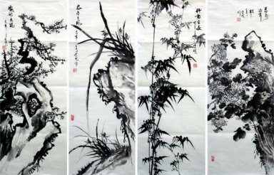 Plum, Orchid, bambu, krysantemum-FourInOne - kinesisk målning