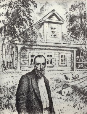 SP Podyachev em sua cabana na vila Obolyaninove 1926