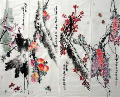 Pájaros y flores - FourInOne - Pintura china