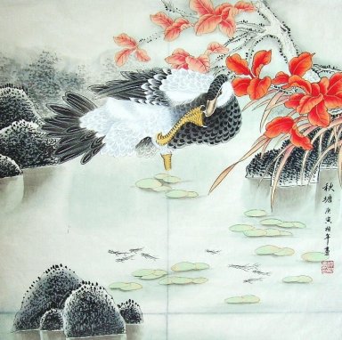 Crane & Folhas vermelhas - pintura chinesa