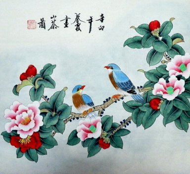 Camellia & pássaros - pintura chinesa