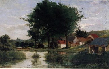 Осенний пейзаж фермы и пруд 1877
