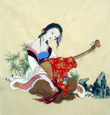 Mooie dame, Guqin - Chinees schilderij