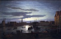 De haven van Kopenhagen bij maanlicht
